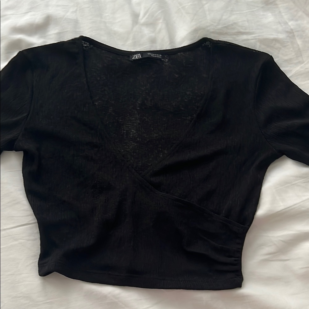 Zara Black Fitted Crop Blouse Short Sleeve